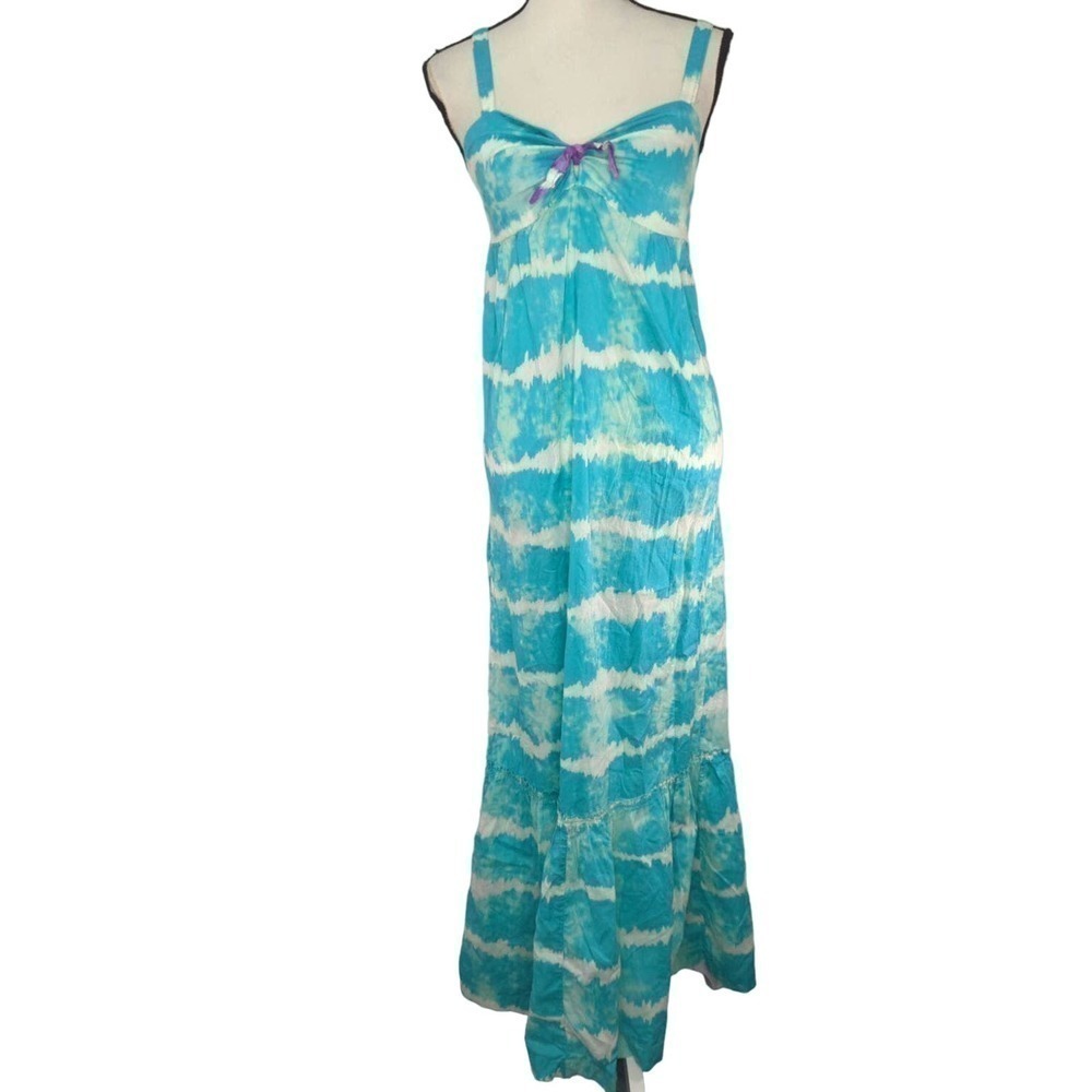 Tie Dye Tiered Ruffle‎ Hem Smocked Back Maxi Dress Med Bohemian Coastal Hippie